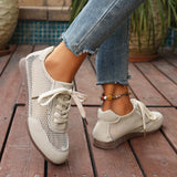 Pbong  Mesh and Suede Lace Up Casual Shoes, Breathable Sneakers with TPR Sole, Comfortable Walking Sport Shoes for Women