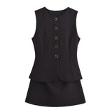 Summer New Sleeveless Button Women's Playsuit Round Neck Elegant Chic Black One Piece Fashion All-match Woman Clothing