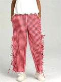 Pbong  Women Plaid Wide Leg Pants Side Tie-Up Hollow-Out Loose Straight Trousers Bottoms Spring Summer Fashion Casual Sweatpants
