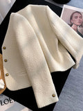 Slim Elegant Tweed Jacket Women Vintage Long Sleeve Sweet Short Coat French Casual Vintage Lady V Neck Single Breasted Tops