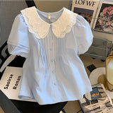 Cute Casual Blue Shirt Women Sweet Peter Pan Collar Korean Blouse Summer Puffy Sleeve Female Vintage Slim All Match Tops
