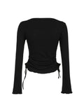 Black Solid Ribbed O Neck Slim Long Sleeve Basic Long Sleeve T Shirt Women Side Shirring Lace-Up Chic Fashion Elegant Simple Tee