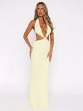Women Sexy Hollow Out Deep V-neck Long Dress Fashion Solid Pleated Backless Lace-up Maxi Dresses Summer Vocation Beach Vestidos