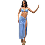 Elegant Metal Flowers 2 Piece Set Women Fashion Bra Tops+Ruched Splits Long Skirts Matching Vacation Beach Party Suit