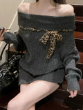Sexy Off Shoulder Y2K Sweater Women Vintage Leopard Lace Up Knitted Jumper Casual Lazy Wind Long Sleeve Slash Neck Pullover