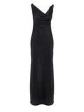 Draped V-Neck Classy Evening Long Dress Women Black Satin Formal Dress Sleeveless Floor-Length Sexy Bodycon Dresses