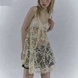 Japanese Y2k Lace Dress Grunge Aesthetics Hollow Out Short Dresses Fairycore Vintage See Though Evening Dresses Lolita