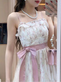 2025 Summer French Sweet Floral Sling Dress Women Bow Tie Mesh Slim Fit Dresses Korean Elegant A-Line Casual Fashion Clothing