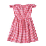 Pbong  Holiday Plaid Print Off Shoulder Mini Dress Retro Women Short Sleeve Low Waist Ruched Hem Ball Gown Swing Mini Robe Party