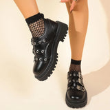 Pbong  Designed New British Lace-up Platform Single Shoes with Heightened Metal Buckle Small Leather Shoes