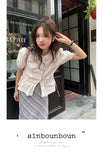 Women French Gentle Style Fungus Edges O-neck Puff Short-sleeved Shirts Summer Lace-up Bow Waist Slimming Single Breasted Blouse
