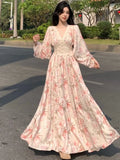 Autumn Women Floral Casual Beach Evening Party Long Dresses V Neck Vintage A-line Dress Korean Fashion Sweet Vestidos Mujer New