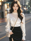 Luxury Elegant Mesh Patchwork Long Sleeve T Shirt Women Velvet Turtleneck Basic Top Korean Casual Lady Office Tees 2024 New
