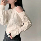 Pullovers Woman Cut-out Shoulder with Bow Long Sleeve Crew Neck Crop Sweater Cable Knit Cut-out Jumper Knitted Top Y2K