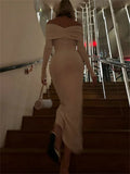 White Pleated Slim Maxi Dress Elegant For Women Patchwork Off-Shoulder Fashion High Waist Dress Ladies Solid Party Dress