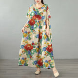 Pbong  Bohemian Print Maxi Dress High Waist Short Sleeve round Neck plus Size Summer Fashion Simple Elegant Women's Clothing