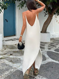 Summer Women Backless Sling Dress Sexy Loose V Neck Sleeveless Split Maxi Dresses  New Female Beach Vacation Party Robes