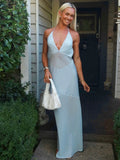 Mesh Splice Halter Long Dress For Women Sleeveless Backless Deep V neck Bodycon Dress Lady Vacation Dress Fashion Elegant