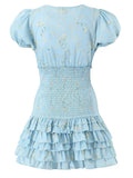 Pbong  GypsyLady Floral Printed Chic Boho Mini Dresss Cotton V-neck Ruffles Blue Holiday Women Tiered Ladies Party Dresses Vestidos New