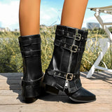 Pbong  Pointed Toe High Heel Booties Women Fall Winter New Block Heel Fashion Boots Metal Belt Buckle Vintage Fashion Pant Tube Boots