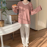 Pbong  Spring New Arrived Pajamas Set Women Comfort Cotton Stripe Long Sleeve Tops With Chest Pat Long Trousers Ladies Pullover Pjs Set
