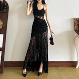New Vintage Punk Solid Color Slimming High Waist Dress Fashion V-neck Strap Mesh Y2K Retro Dresses Women's Clothing