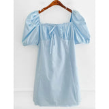 Pbong  Chic Summer Anti-Aging  Knot Square Collar Dress Women's Waist Cinching Slimming Bubble Sleeve Short Dress
