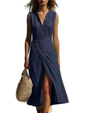 Pbong  Elegant Solid Color Maxi Dress Women Summer Fashion Sleeveless V-neck Maxi Dresses Casual