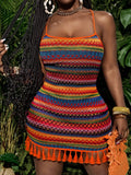 Pbong  Beach Spring And Summer New Colorful Holiday U-Neck Suspender Cross Back Backless Slim Mini Skirt Tassel Hem Colorful