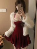 French Elegant Red Party Velvet Mini Dress Women Fashion Patchwork Princess Vestidos Female Spring Autumn Graduation Clothes