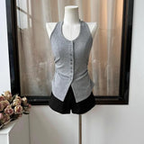 Pbong  Korean Vest Women's Clothing Single-breasted Slim Fit Tees Folds Sleeveless Square Collar Camis Backless Chic Sexy Summer Tanks
