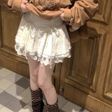 Sweet Coquette Short Skirt Women Bow Kawaii Ruffle Mini Skirts Lace Patchwork White A-line Layered Skirt Aesthetics