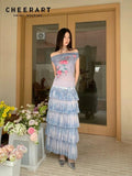Romance Off The Shoulder Floral Sleeveless Mesh Top Gradient Blue Summer Tank Top Woman 2025 Korean Fashion