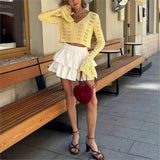 2025 New Knit Flare Sleeve V-neck Hollow Out Short Coat Fashion Casual Button Transparent Summer Cardigan Top Cover-up Jacket