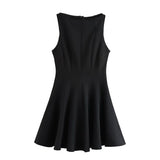 Round Neck Elagant Pleated Short Dress Solid Color Zipper Casual Women Dress 2025 New Summer Sleeveless Summer Tank's Dresses