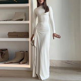 Elegant O-neck Draped Irregular Long Dress Women Causal Long Sleeve Solid Party Dress Fashion Hight Waist Slim Evening  Dresses