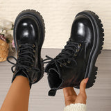 Pbong  Women's Black Platform Combat Boots Fashion Lace Up Zipper Pu Leather Short Boots Woman Thick Sole Non Slip Autumn Winter Shoes