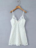 Pbong  White Cozy Homewear Lace Trim Polka Dot Mini Slip Dress for Women Slim Satin Fabric Nightgown for Pajama Parties
