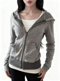 2000s American Streetwear Striped Hooded Sweatshirt Y2k Autumn New Slim Fit Short Cardigan Fashion Casual Long Sleeve Coat Women