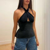 Pbong  Women Silky Halter Neck Crop Top Sleeveless Crisscross Wrap Tank Top Y2k Summer Slim Fit Backless Cami Top