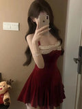 French Elegant Red Party Velvet Mini Dress Women Fashion Patchwork Princess Vestidos Female Spring Autumn Graduation Clothes