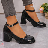 Pbong  Ankle Strap Chunky Heel Mary Janes Pumps Women Fashion Black Patent Leather Dress Shoes Woman Elegant Round Toe High Heels Pumps