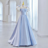 Pbong  Blue Square Collar Evening Dress Simple Long Slim Waist Party Dresses Bow Puff Sleeve Pleated Princess Prom Dresses Customized