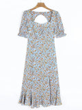 Pbong  Elegant Chic Floral Summer Dresse Pink Women Dress Puff Sleeve Hollow Out Backless Sexy Party Ladies Dress Vestidos