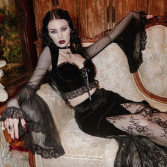 Sexy Goth Lace-up Long Flared Sleeve T-Shirts for Women Vintage Black Velvet Lace Trim Corset Crop Tops Y2K Grunge Streetwear