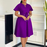 Pbong  Fashionable Pure Color Belted Short Sleeve plus Size Dress Elegant Summer Women's Clothing V-neck Knee-length Dress