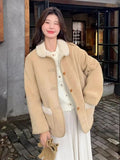 Women Faux Lamb Suede Jacket Winter Warm Long Sleeve Sweet Cotton Coat Korean Pockets Female Thick Vintage Outwear Tops