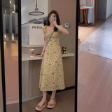 Pbong  Summer Women's Dress Cherry Yellow Flower Slimming High Neck Short Sleeve A-Line Skirt CleanFit Style High Waist Cotton Fabric