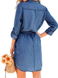 Pbong  Women Autumn Denim Shirt Dress Solid Color Long Sleeve Button-Down Lapel Short Dress with Belt