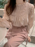 Pbong  Pink Blouse for Women Slash Neck Loose Pleated Shirts All Match Fashion Sweet Vintage Blouses Autumn Tops